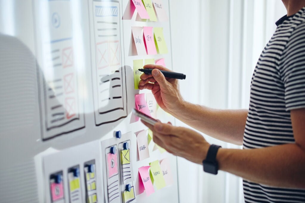 Woman using a planning board with post it notes